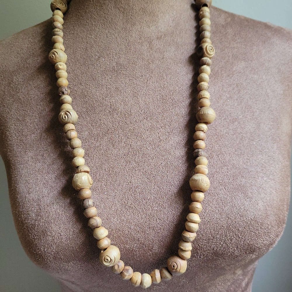 Vintage Hand Carved Wood Bead Long‎ Strand Necklace Tan Size 30" Cottagecore